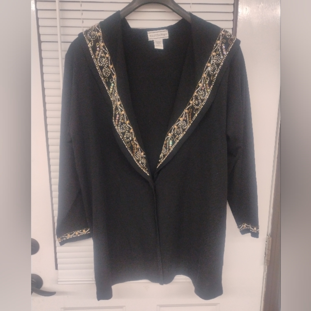 Vtg August Max Womans Black Beaded Wool Blend Cardigan Sweater 3XL Glam Y2k 90s